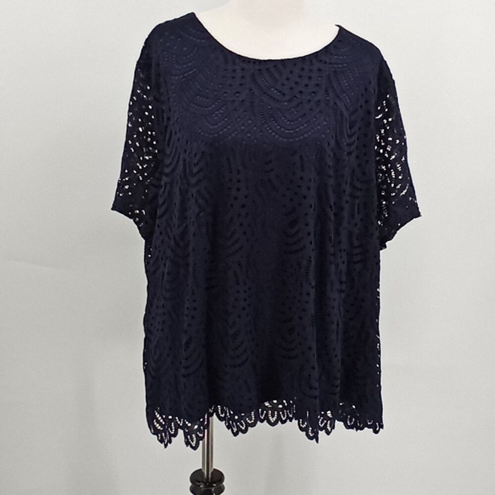 Chicwe Women's Navy Blue Plus Size Lace Short Sleeve Evening Top Size 3 X